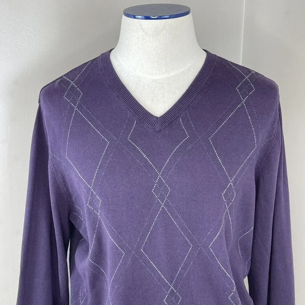 Van Heusen Men’s V Neck Sweater Argyle Purple Cotton Size Large